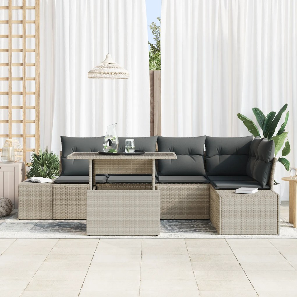 Conjunto de Sofás de Jardim 6 Peças com Almofadas Cinza Claro em Ratta