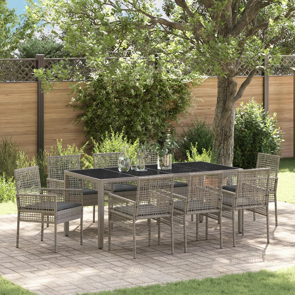 Conjunto de Jantar de Jardim de 9 Peças com Almofadas Cinza em Rattan Sintético
