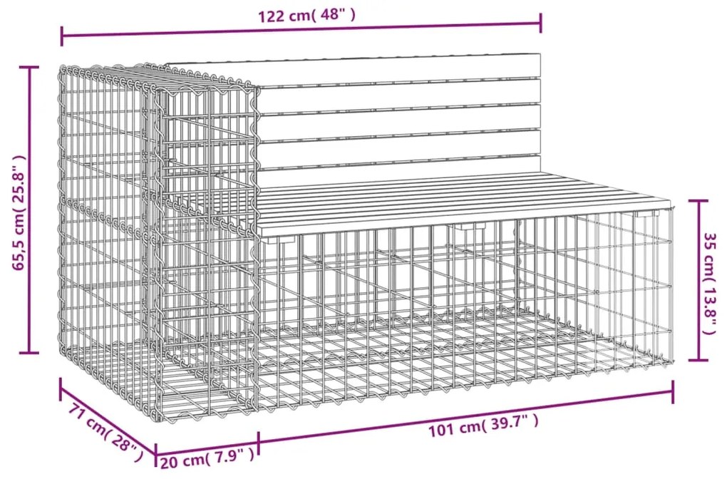 Banco de jardim c/ design gabião 122x71x65,5cm pinho impregnado