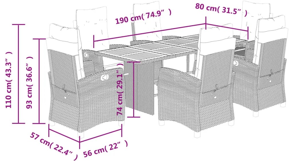 7 pcs conjunto de jantar p/ jardim c/ almofadões vime PE cinza