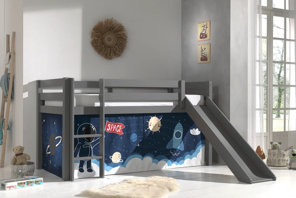 Cama alta de Criança PINO 90 x 200 cm + estrado + escada + escorrega + cortina Espaço Cinzenta