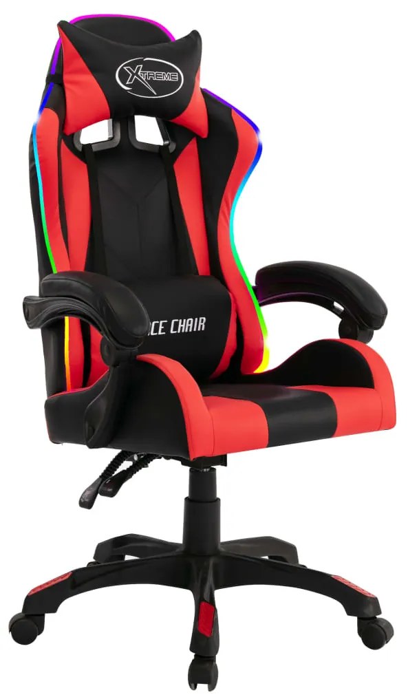 Cadeira estilo corrida luzes LED RGB couro arti. vermelho/preto