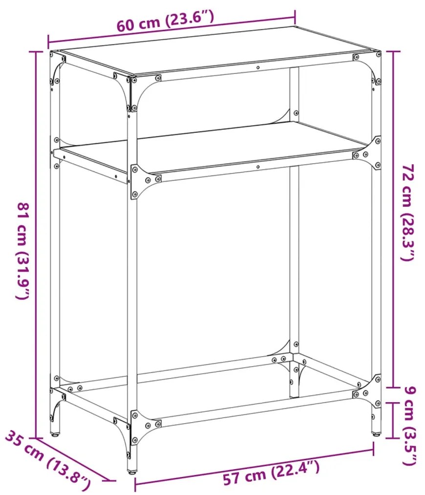 Mesa consola c/ tampo em vidro transparente 60x35x81 cm aço