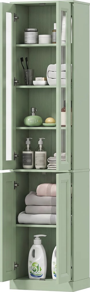 Móvel de casa de banho com 6 níveis 38 L x 26 P x 160 A cm, móvel de arrumação com 4 portas com fecho suave e prateleiras ajustáveis, verde
