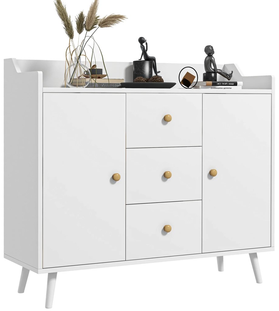 HOMCOM Aparador Sala de Estar Moderno Aparador de Cozinha com 2 Portas 3 Gavetas e Pés de Madeira de Pinho para Sala de Estar Corredor Dormitório 90x32x80 cm Branco