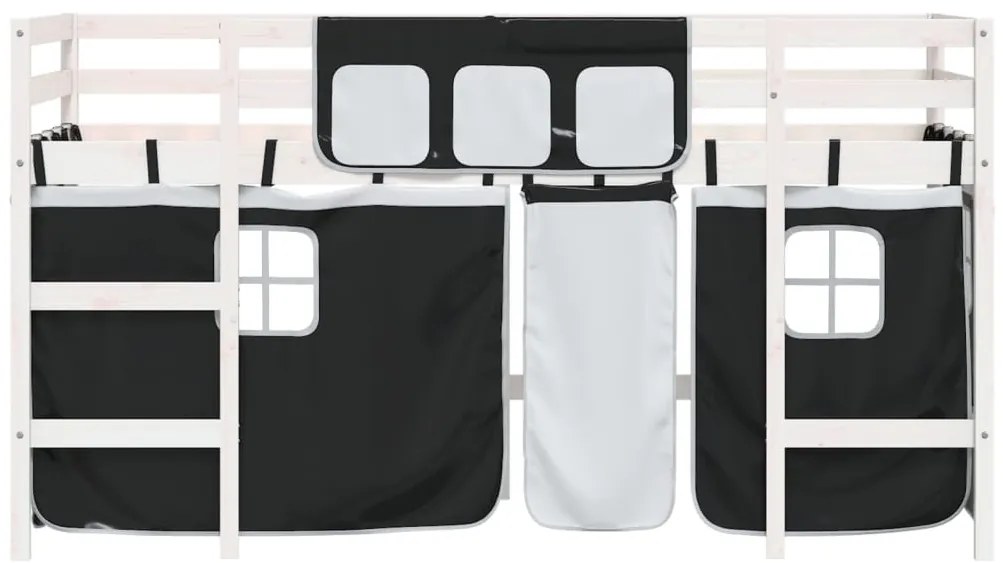 Cama alta criança c/ cortina 90x200cm pinho maciço branco/preto