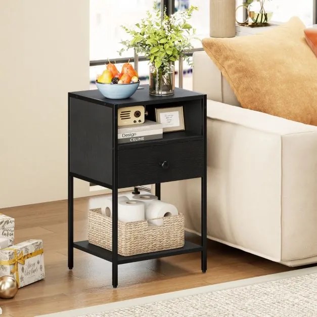 Conjunto de 2 mesas de cabeceira, mesas apoio 40 x 32 x 65 cm com Estação de carregamento, Compartimento aberto Gaveta Pretas