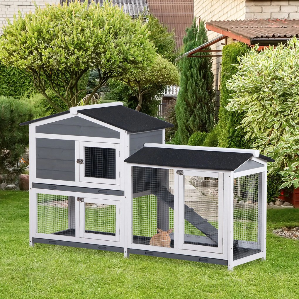 Coelheira de Madeira Exterior Gaiola para Coelhos de 2 Níveis com Teto Asfáltico 2 Cercados de Metal Bandeja Removível 3 Portas e Rampa 157,4x53x93,5