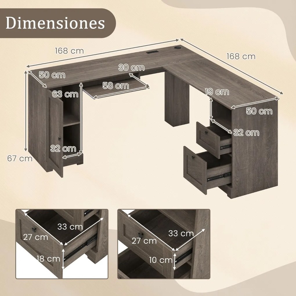 Secretária em forma de L com 2 gavetas, estante ajustável e bandeja para teclado Secretária executiva de canto Cinzento