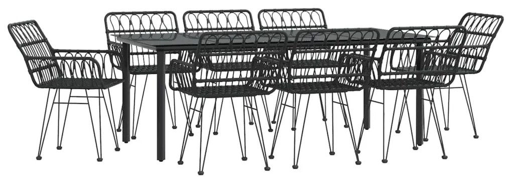 9 pcs conjunto de jantar para jardim vime PE preto
