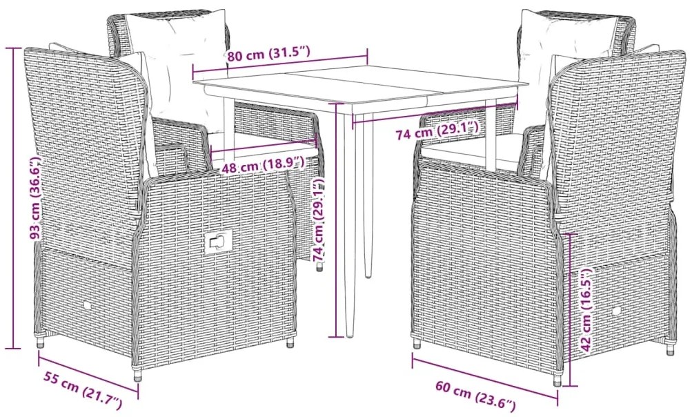 5 pcs conjunto de jantar p/ jardim c/ almofadões cinzento claro