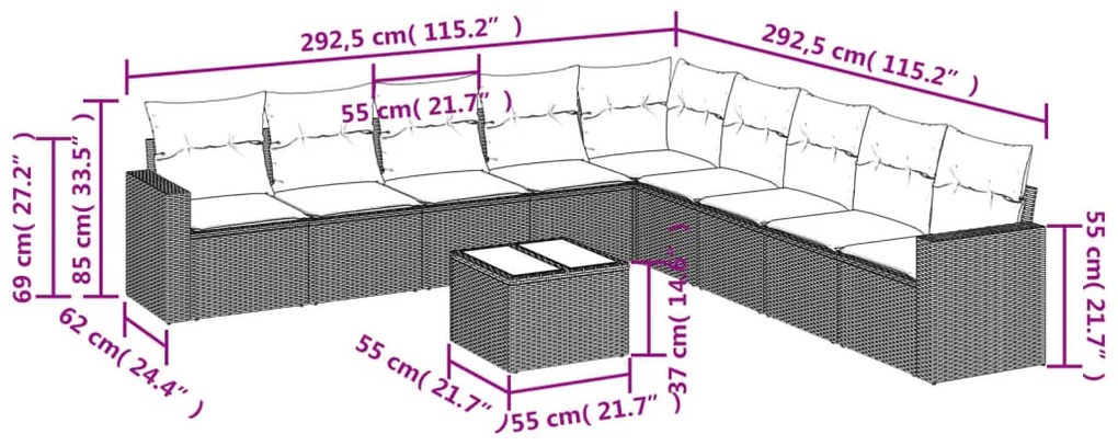 10 pcs conjunto de sofás p/ jardim com almofadões vime PE bege