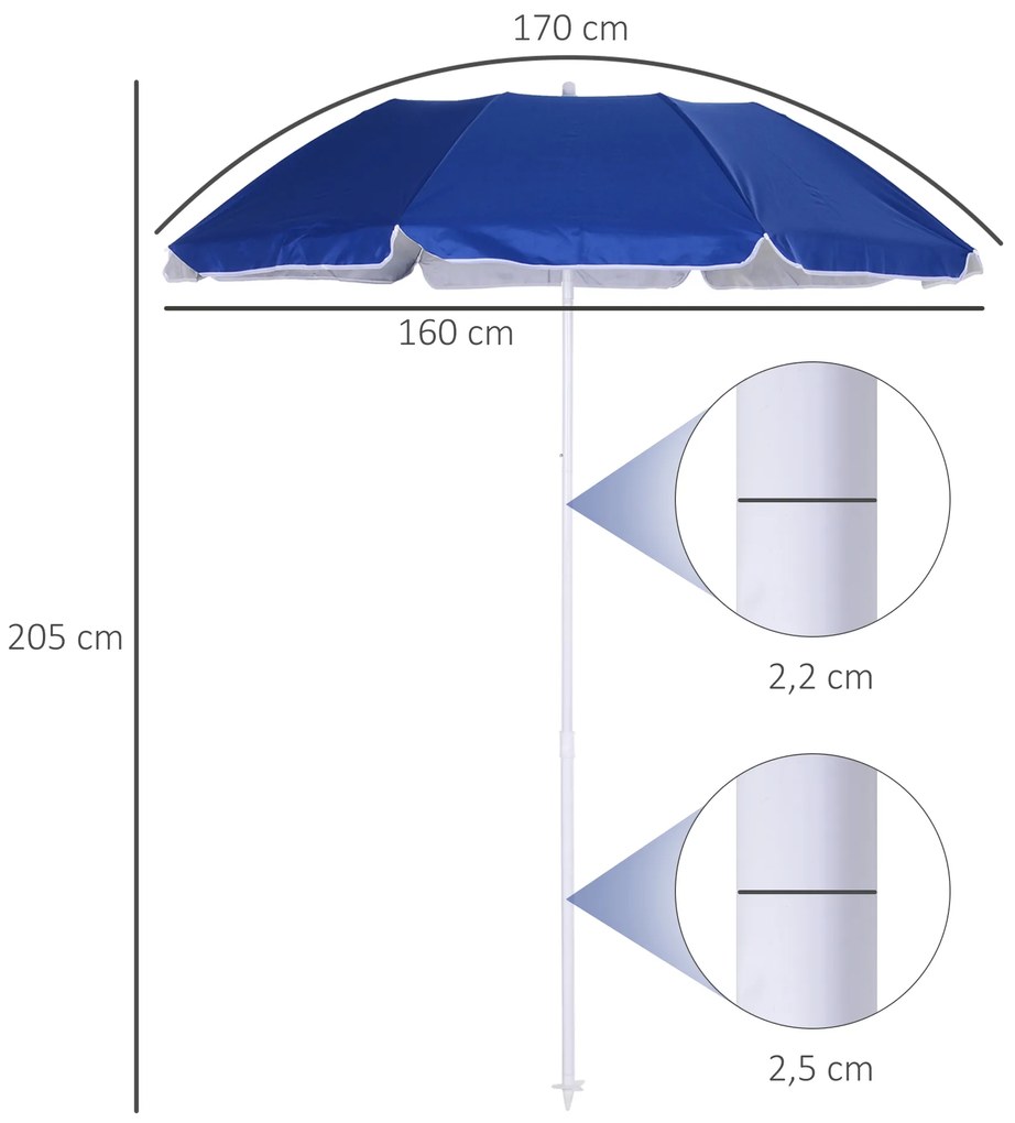 Chapéu de Sol de Praia Grande Ø160 cm Chapéu de Sol de Exterior com Ângulo Ajustável Proteção UV Impermeavel e Bolsa de Transporte Azul