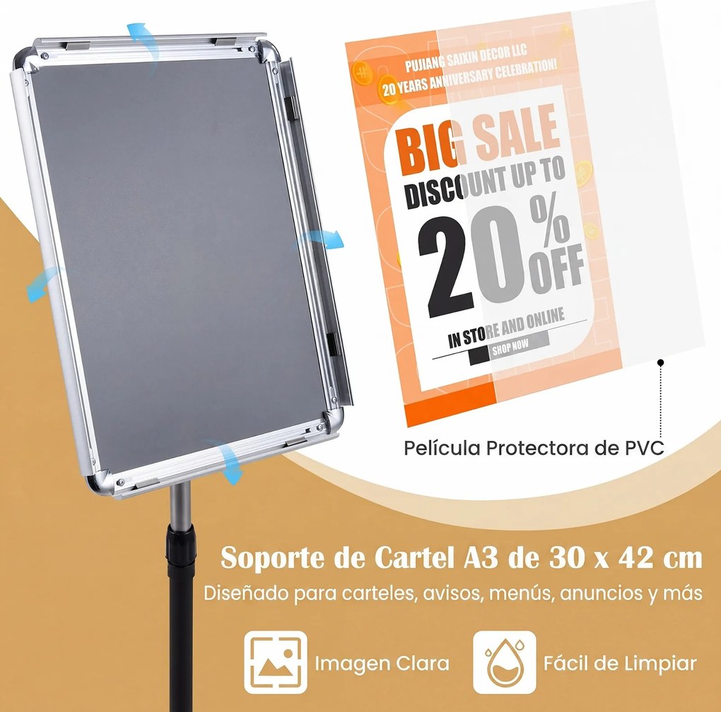 Conjunto de 2 Suportes de Chão para Cartazes A3, 30 x 42 x 87-137 cm, Altura Ajustável, Prateado
