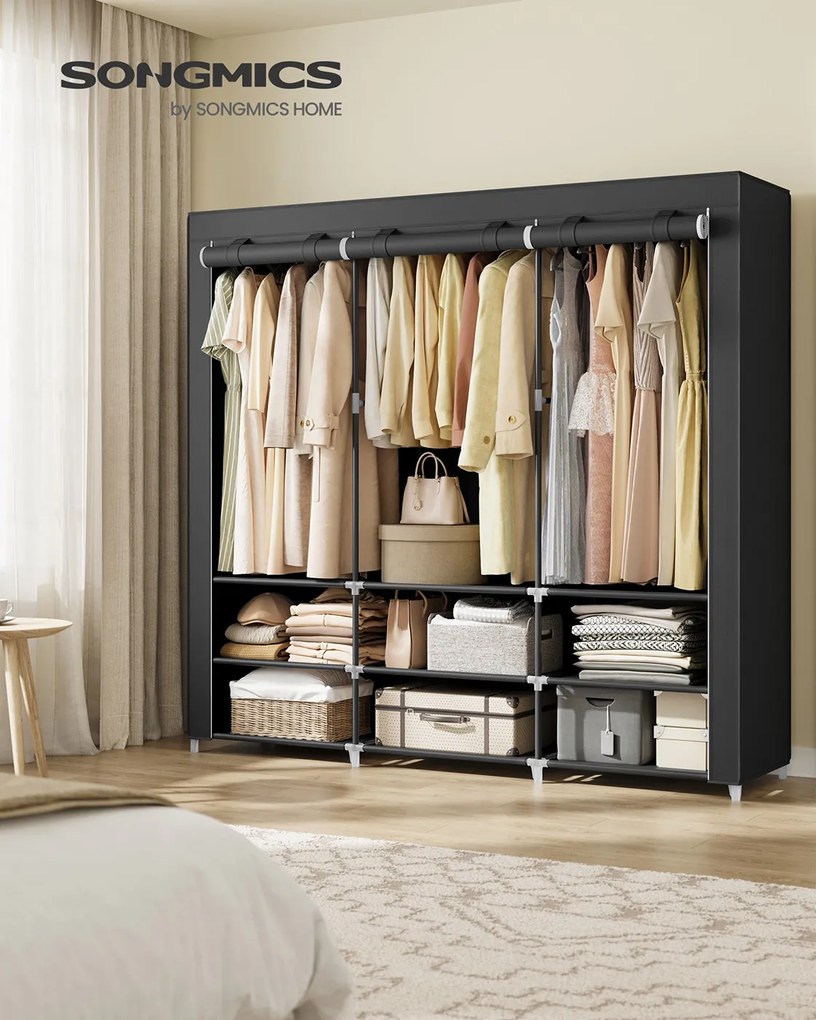 Guarda roupa de tecido 45 x 188 x 176 cm com 3 compartimentos suspensos, preto