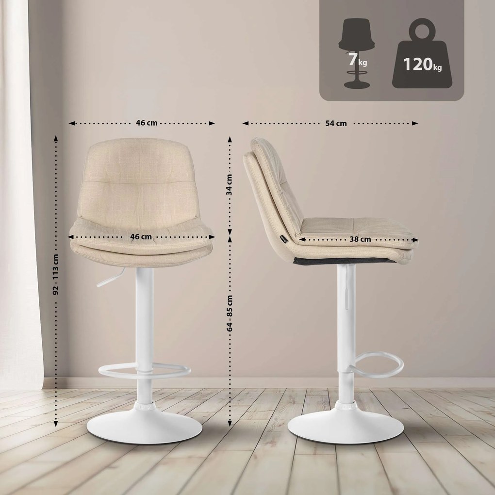 Banco de bar em tecido com estrutura branca 92-113 x 46 x 54 cm cor creme
