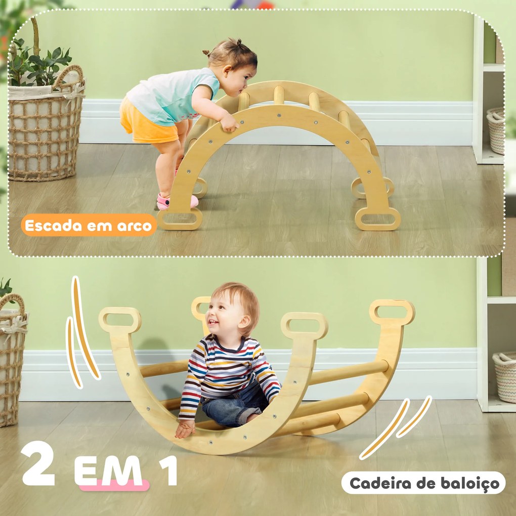 Arco de Aprendizagem para Crianças 2 em 1 Arco de Escalar para Crianças de 18-48 Meses Baloiço para Bebés 68x42x36 cm Madeira