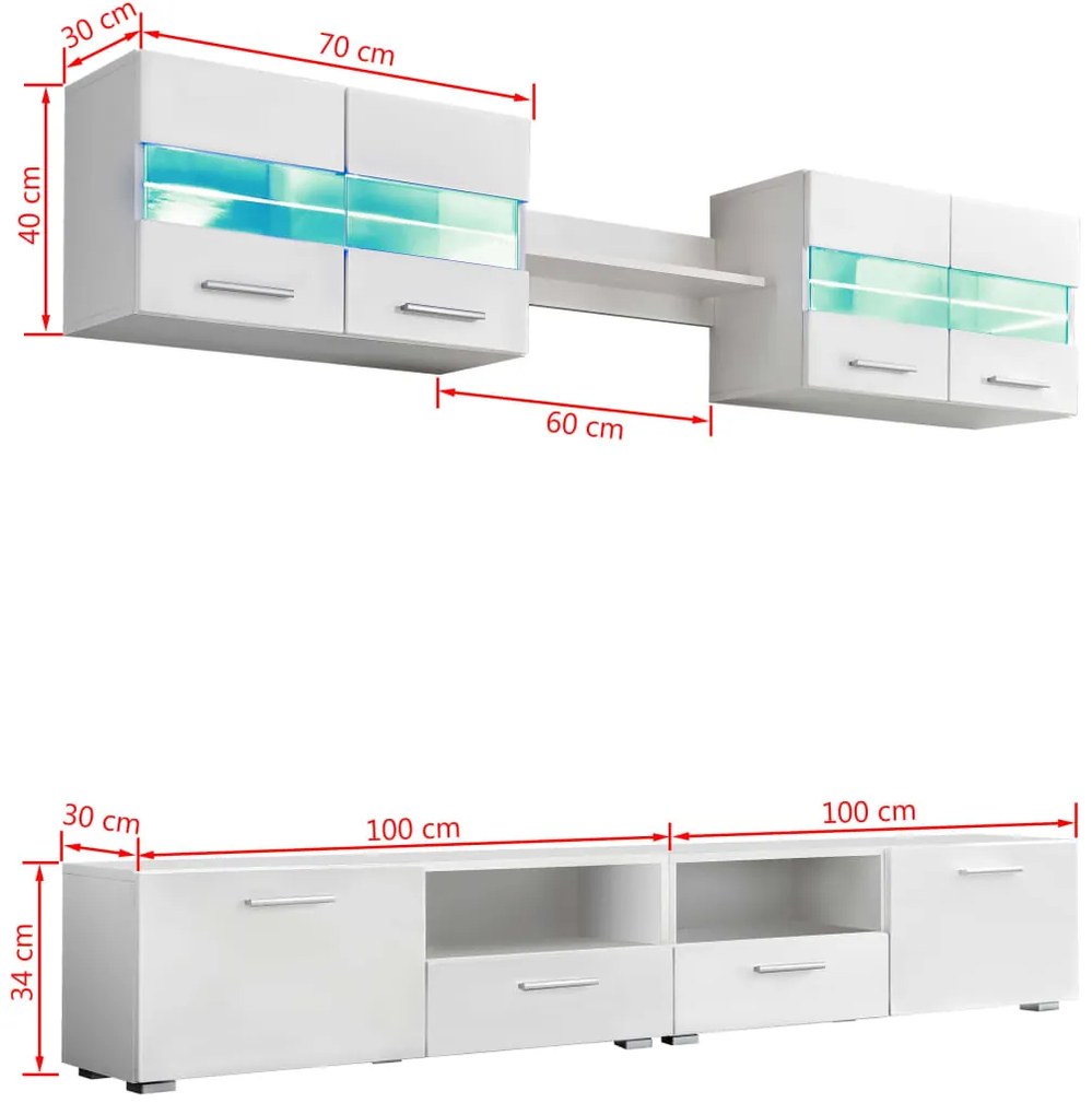 Conj. unidades de parede p/ TV luzes LED 5 pcs branco brilhante