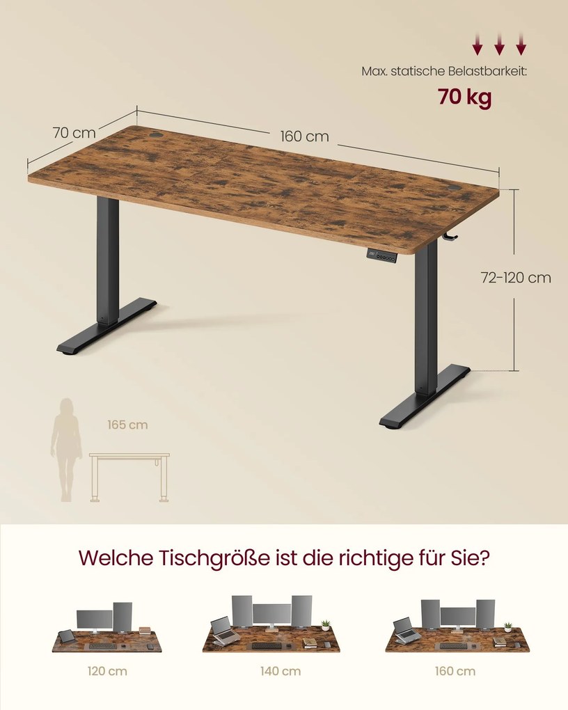 Secretária elétrica de trabalho ajustável em altura 160 x 70 x (72-120) cm (C x L x A), castanha
