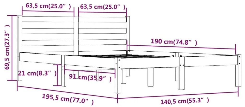 Estrutura de cama casal 135x190 cm pinho maciço