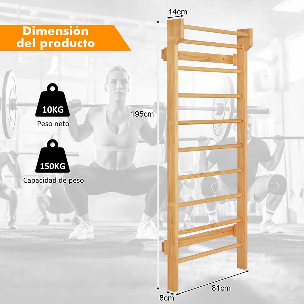 Barras de parede escada ginástica, encosto de madeira para academia, fitness, carga doméstica de 150 kg, inclui 4 âncoras, 195 x 81 x 14 cm