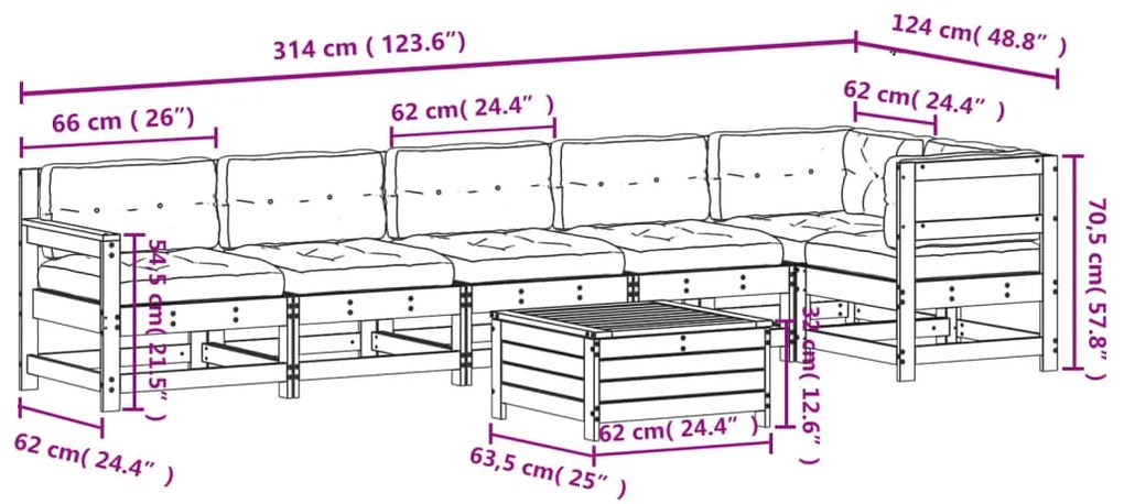 7 pcs conjunto lounge de jardim c/ almofadões pinho maciço