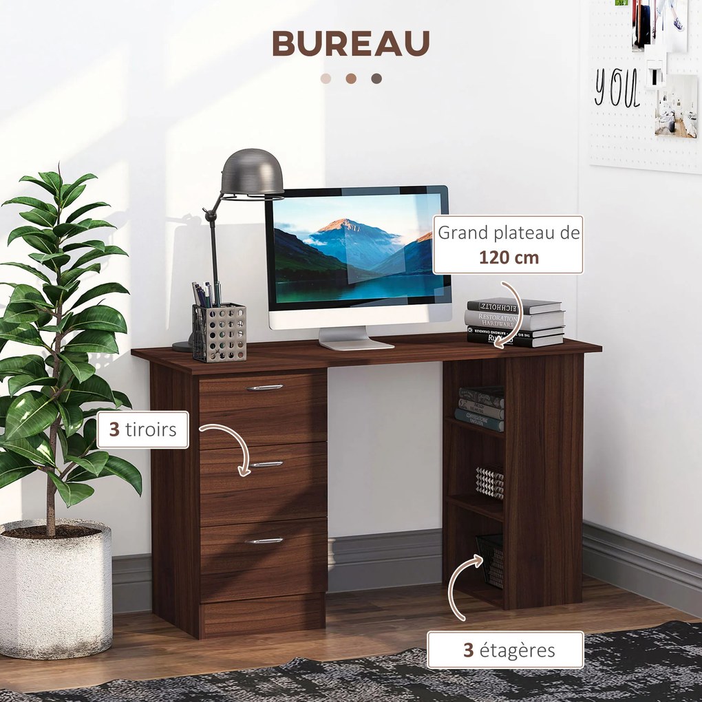 Secretária de computador com 3 gavetas e 3 prateleiras abertas, 120 x 49 x 72 cm, secretária com arrumação reversível, estilo moderno, secretária de c