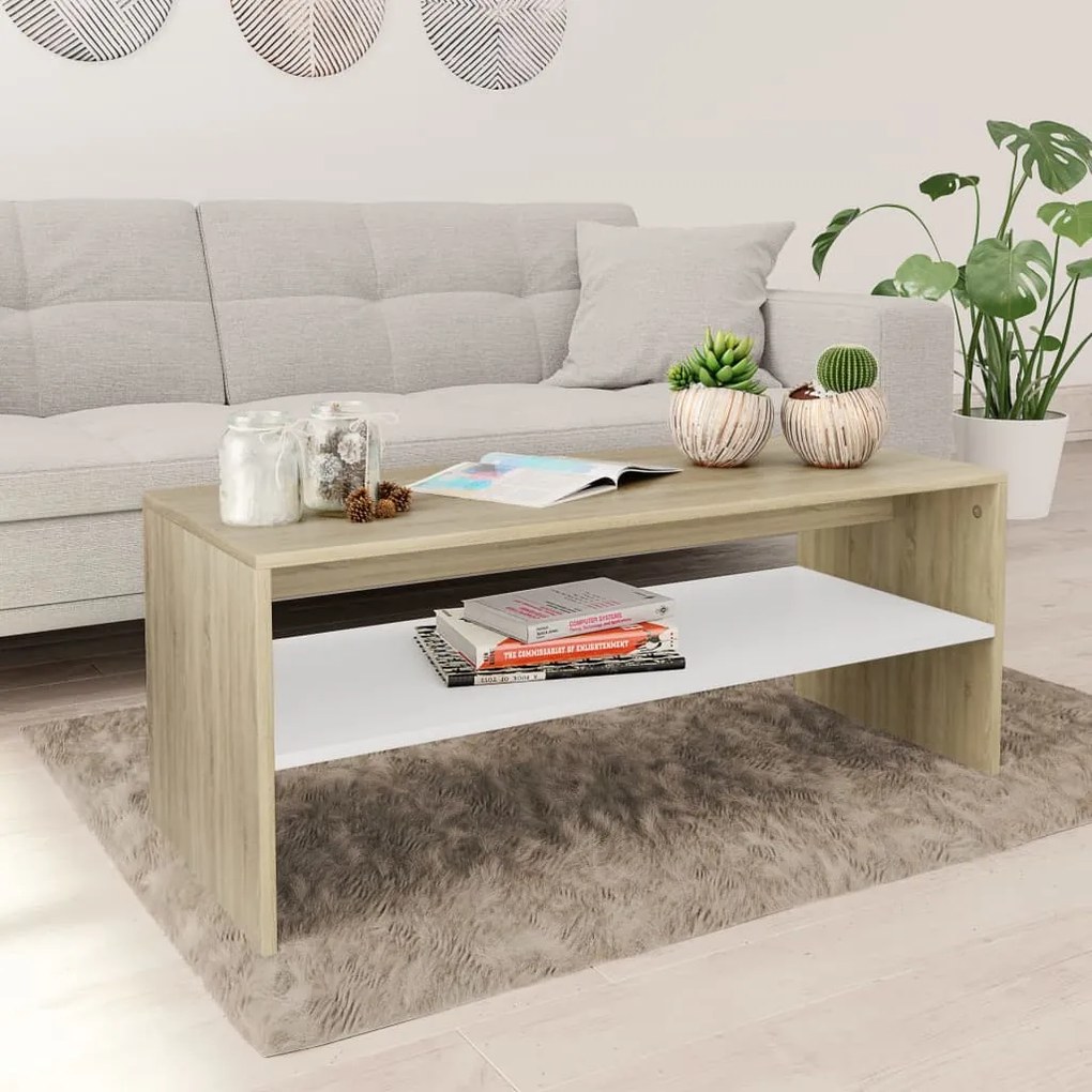 vidaXL Mesa centro 100x40x40 cm contraplacado branco e carvalho sonoma