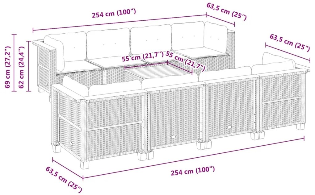 9 pcs conjunto de sofás p/ jardim c/ almofadões vime PE preto