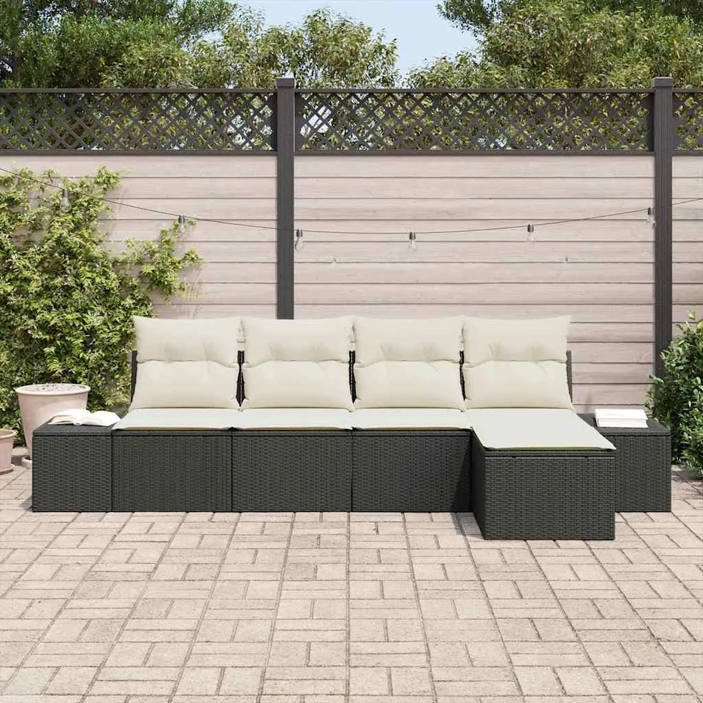 Conjunto de Sofás de Jardim de 5 Peças com Almofadas em Rattan Preto