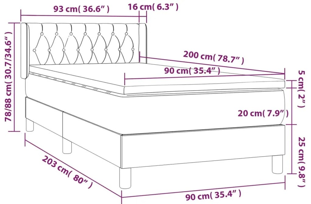 Cama com molas/colchão 90x200 cm veludo cinza-claro