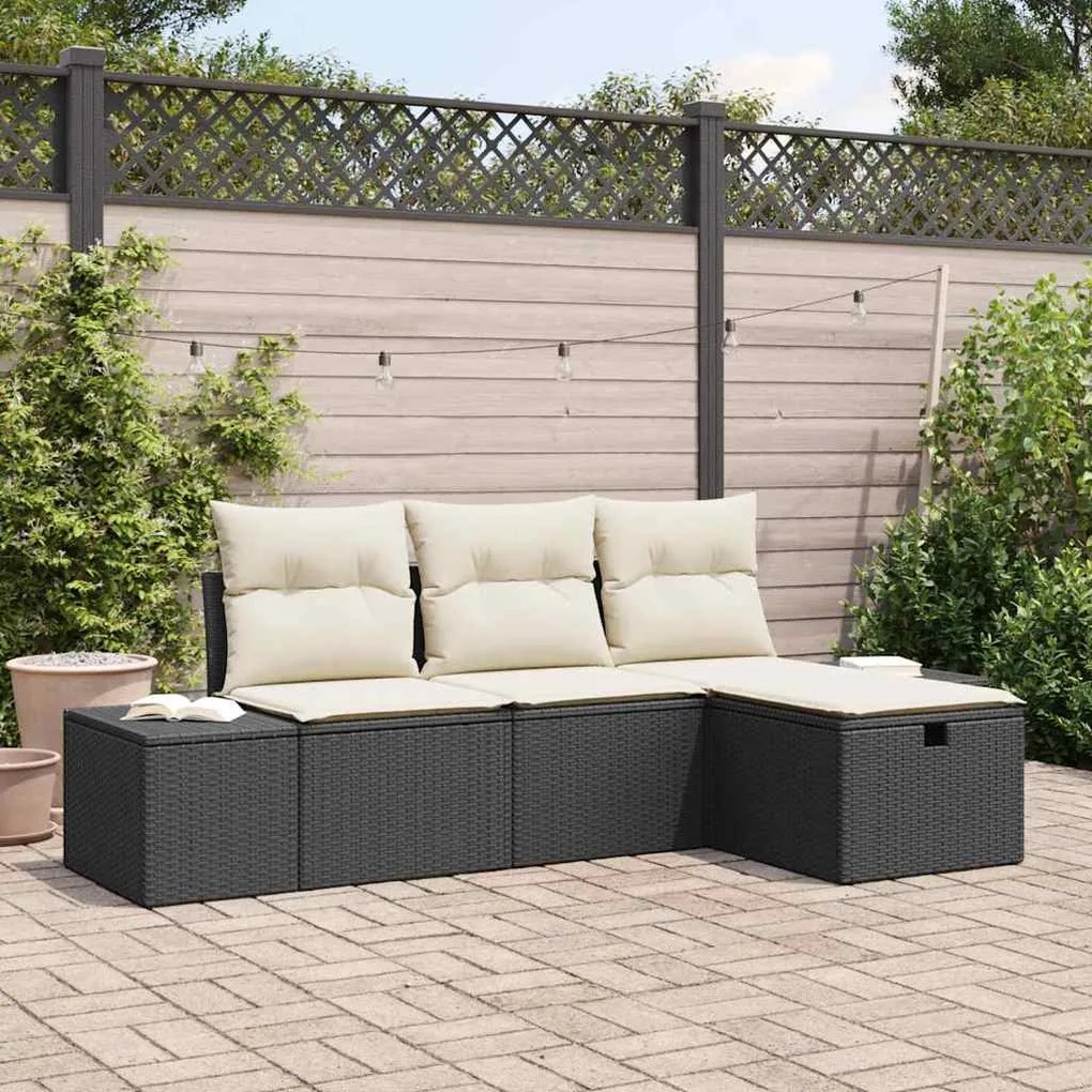 vidaXL Conjunto de sofá de jardim 4 peças com almofadas de rattan poliéster preto.