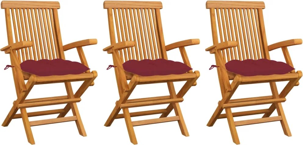 vidaXL Cadeiras jardim c/ almofadões vermelho tinto 3 pcs teca maciça