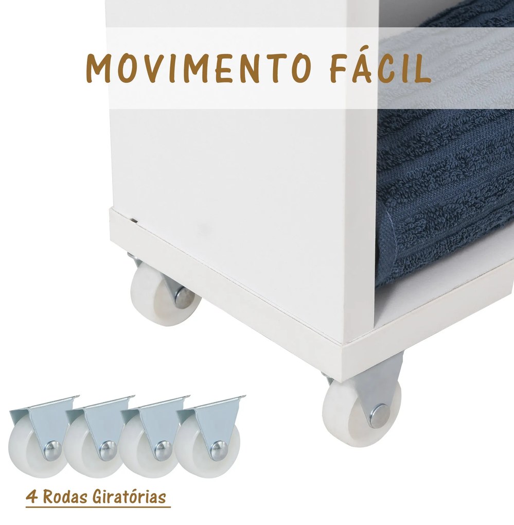 Kleankin Gabinete de banheiro auxiliar Carrinho de armazenamento de 3 prateleiras com rodas e alça lateral 50x13x67,5 cm Branco