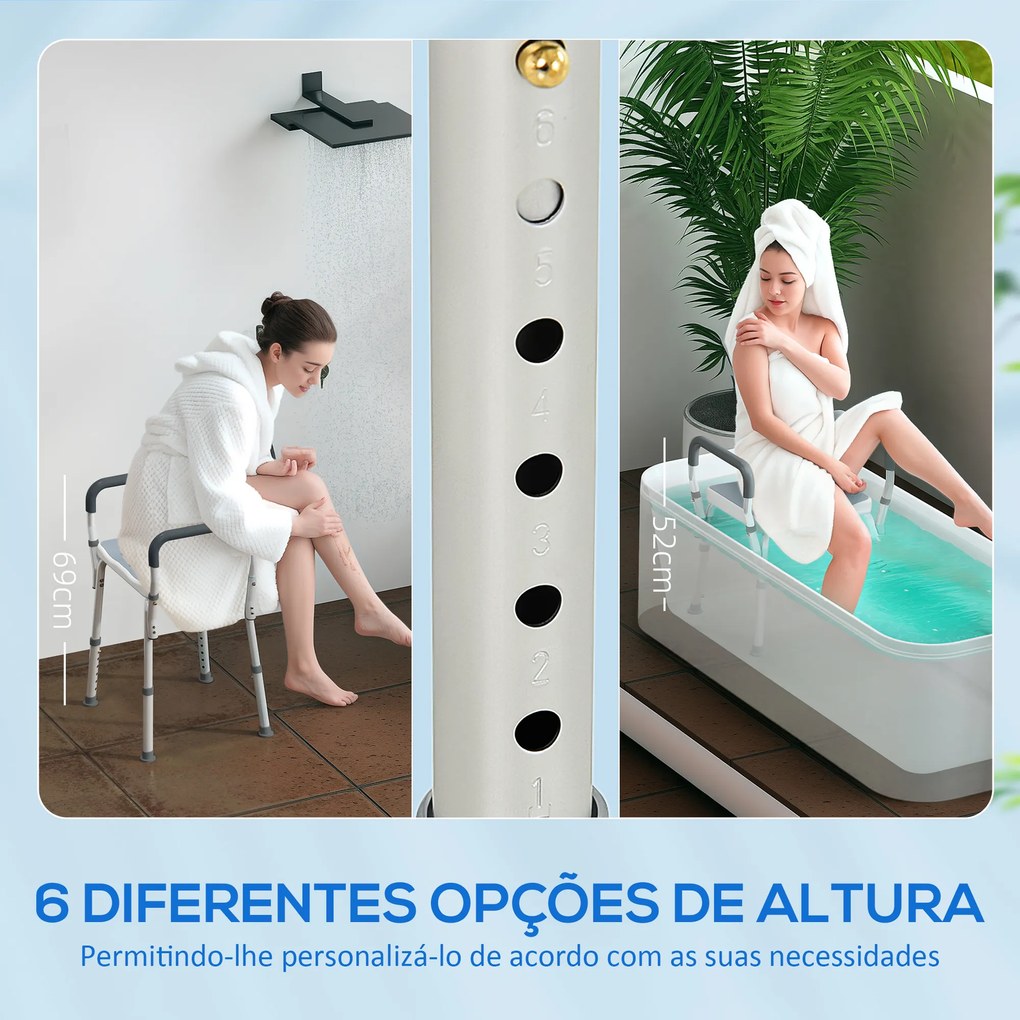 Banco de Duche com Altura Ajustável Banco de Duche de Alumínio Antiderrapante para Idosos e Descapacitados 52x45x57-69 cm Azul