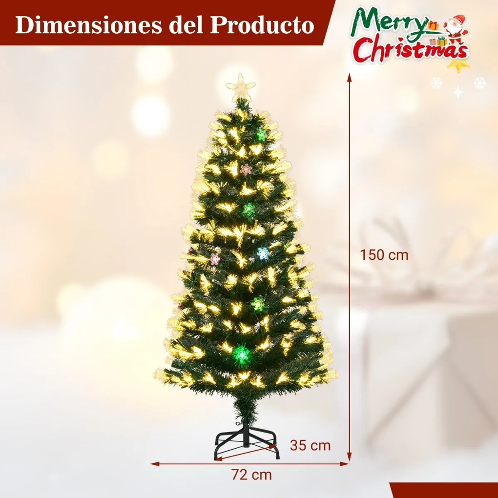 Árvore de Natal de fibra ótica de 150 cm artificial pré-iluminada (DECORAÇÕES NÃO INCLUIDAS) com 8 modos de luz 170 pontas de ramos 20 flocos de neve
