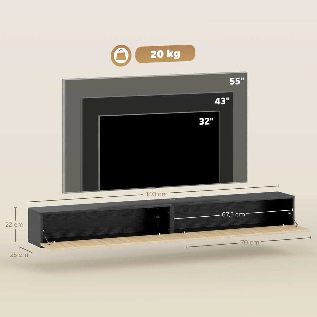 Móvel de televisão suspenso de 140 cm, móvel para televisor de 72 polegadas, 2 portas rebatíveis, 140 x 25 x 22 cm, madeira natural e preta