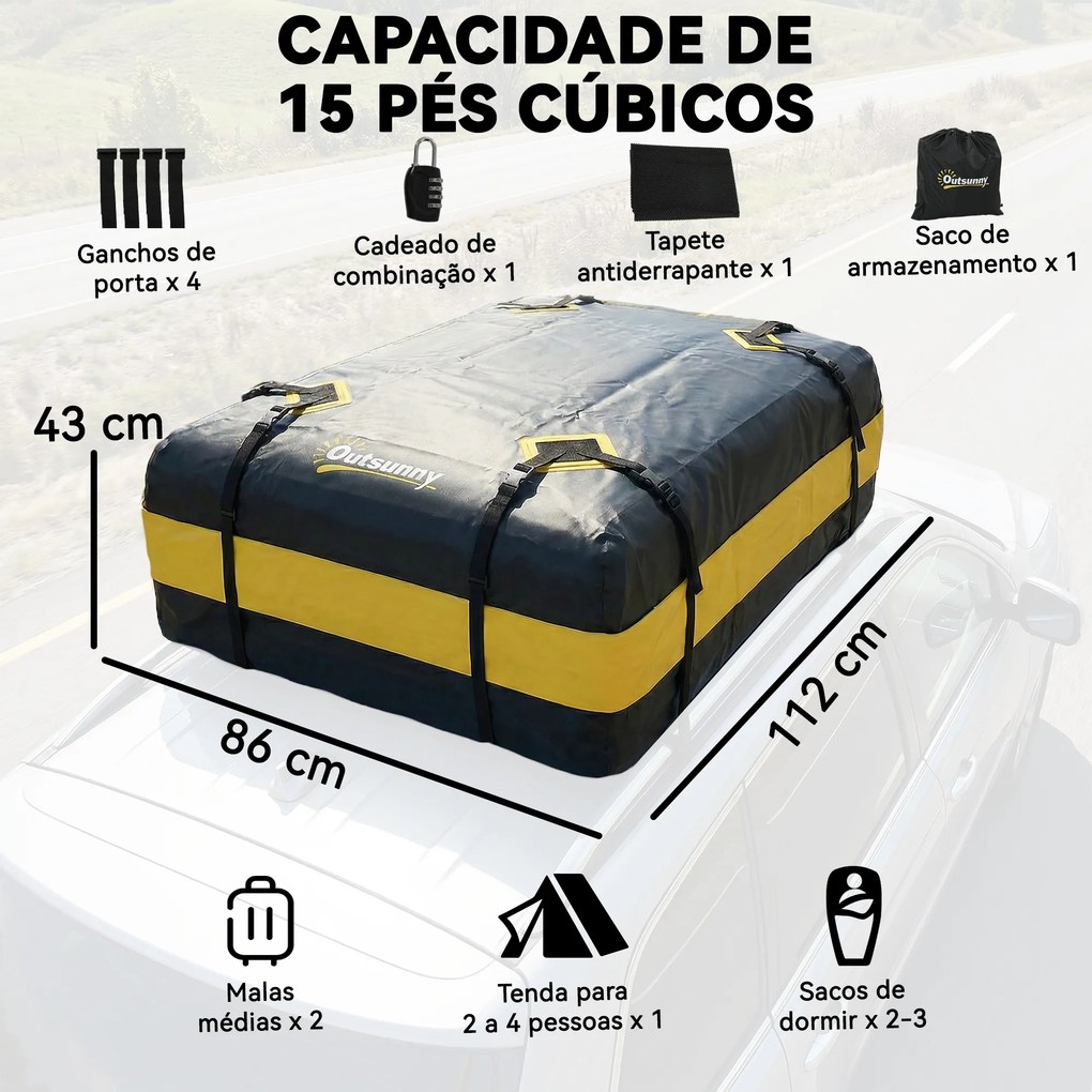Mala de Teto para Carro 425 L Impermeável com 8 Correias Tapete Antiderrapante e Ganchos para Veículos Preto e Amarelo