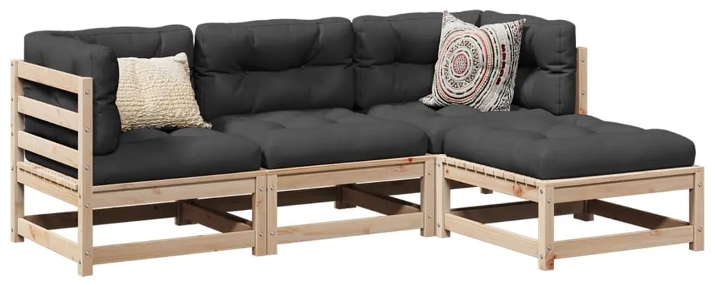 vidaXL 4 pcs conjunto de sofás p/ jardim com almofadões pinho maciço