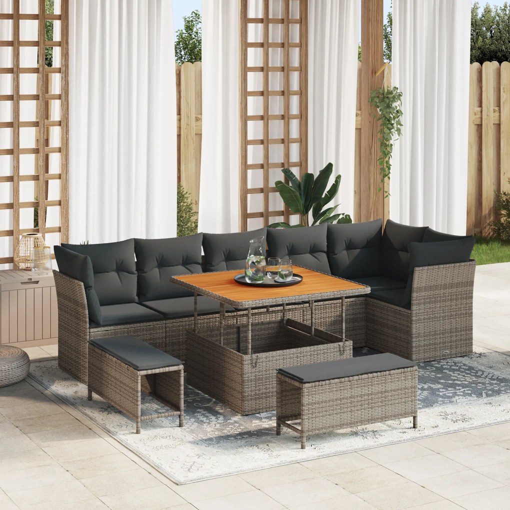 Conjunto de Sofá de Jardim vidaXL de 9 Peças com Almofadas Cinza Ratta