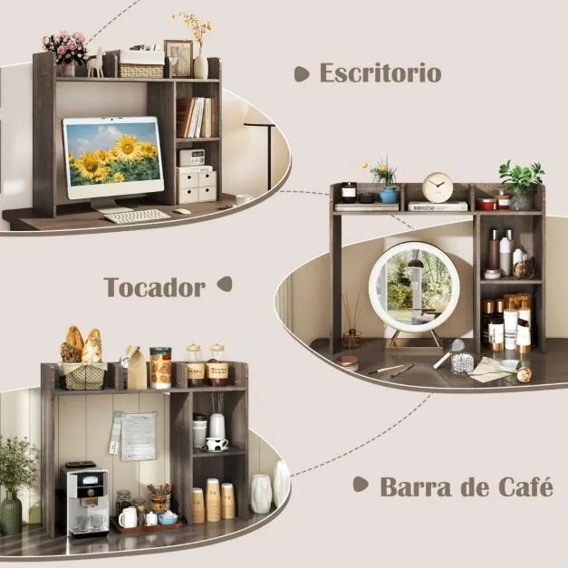 Estante de madeira para secretária 94 x 25 x 74 cm com 4 prateleiras e compartimento aberto Organizador de secretária Cinza