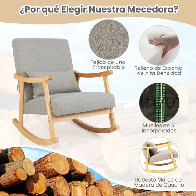 Cadeira de baloiço com almofada lombar Encosto e assento acolchoados Estrutura em madeira de borracha natural cinzenta