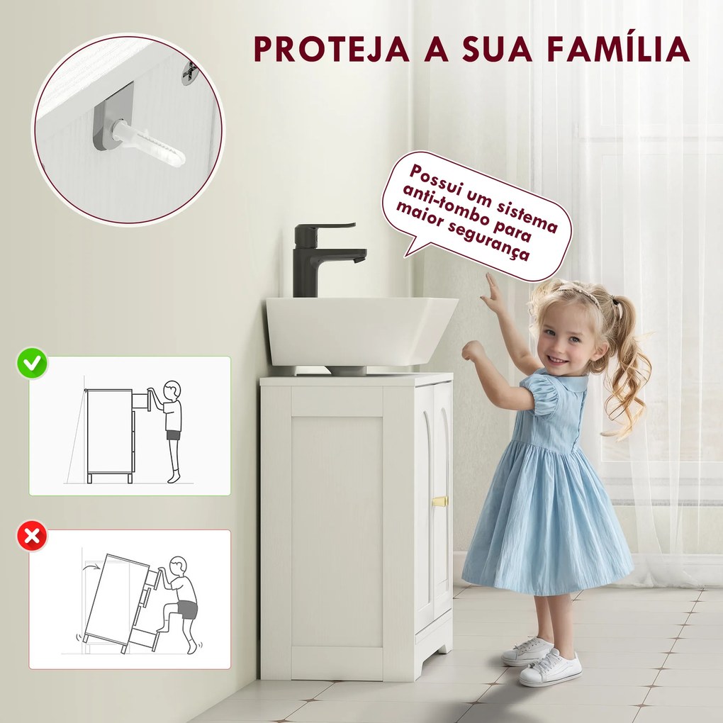 Móvel para Lavatório (NÃO INCLUIDO) Pousar com 2 Portas em Arco Puxadores Dourados para Lavatório com ou sem Pedestal 60x30x65 cm Branco