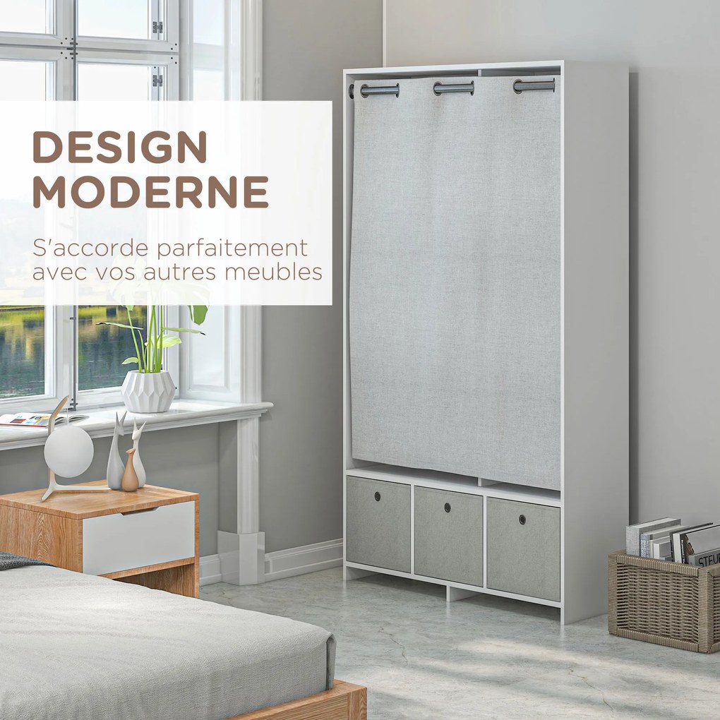 Guarda-roupa com varão para cortinas e 3 gavetas de tecido removíveis, 105 x 48 x 160 cm, branco