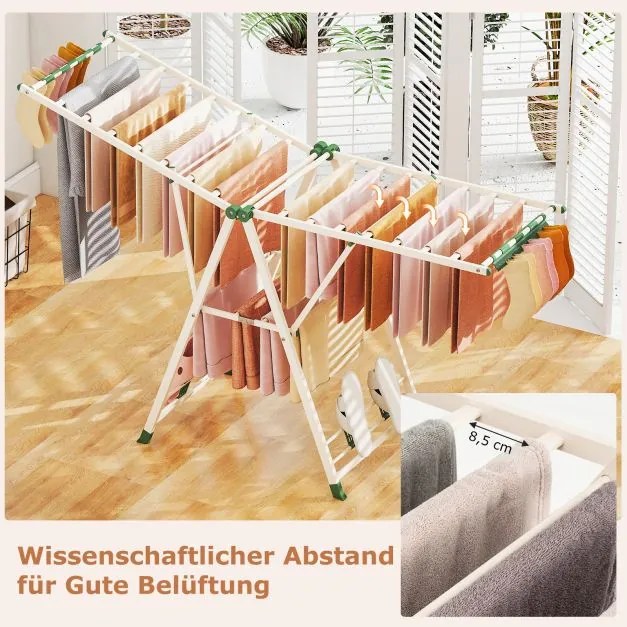 Estendal dobrável com braços ajustáveis 184 x 56 x 99–168 cm, pinças para meias e prateleira para sapatos, secador de roupa bege