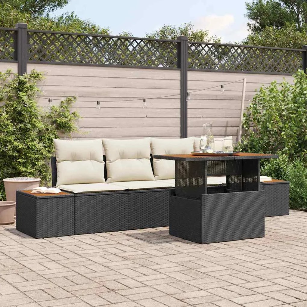 vidaXL Conjunto de Jantar de Jardim 5 Peças com Almofadas, Preto, Rattan, Polipropileno e Acácia.