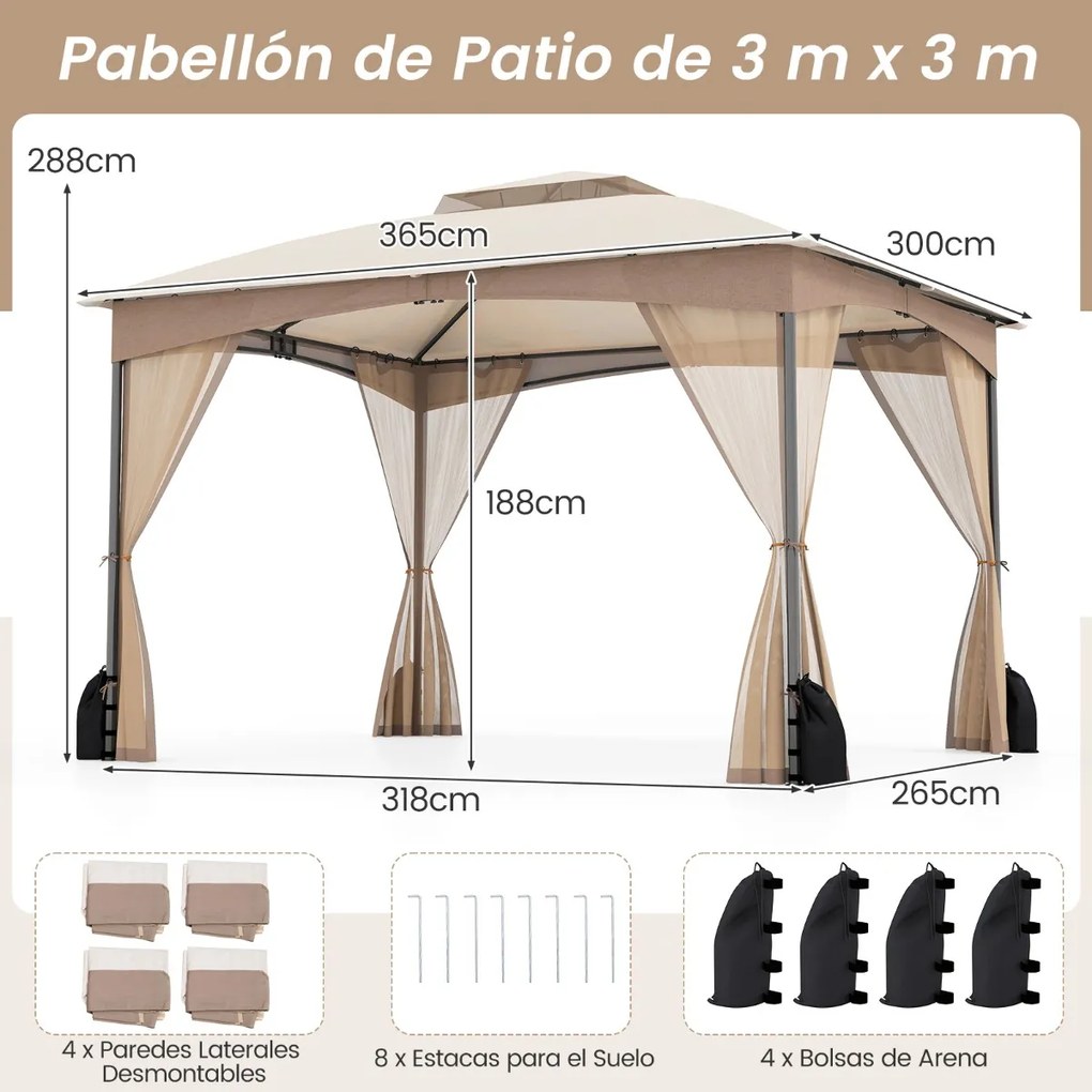 Pérgula para jardim 365x300 cm com paredes de malha com pesos areia Estrutura metálica resistente Portas com fecho Caqui