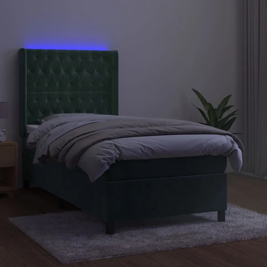 Cama box spring c/ colchão/LED 90x190 cm veludo verde-escuro