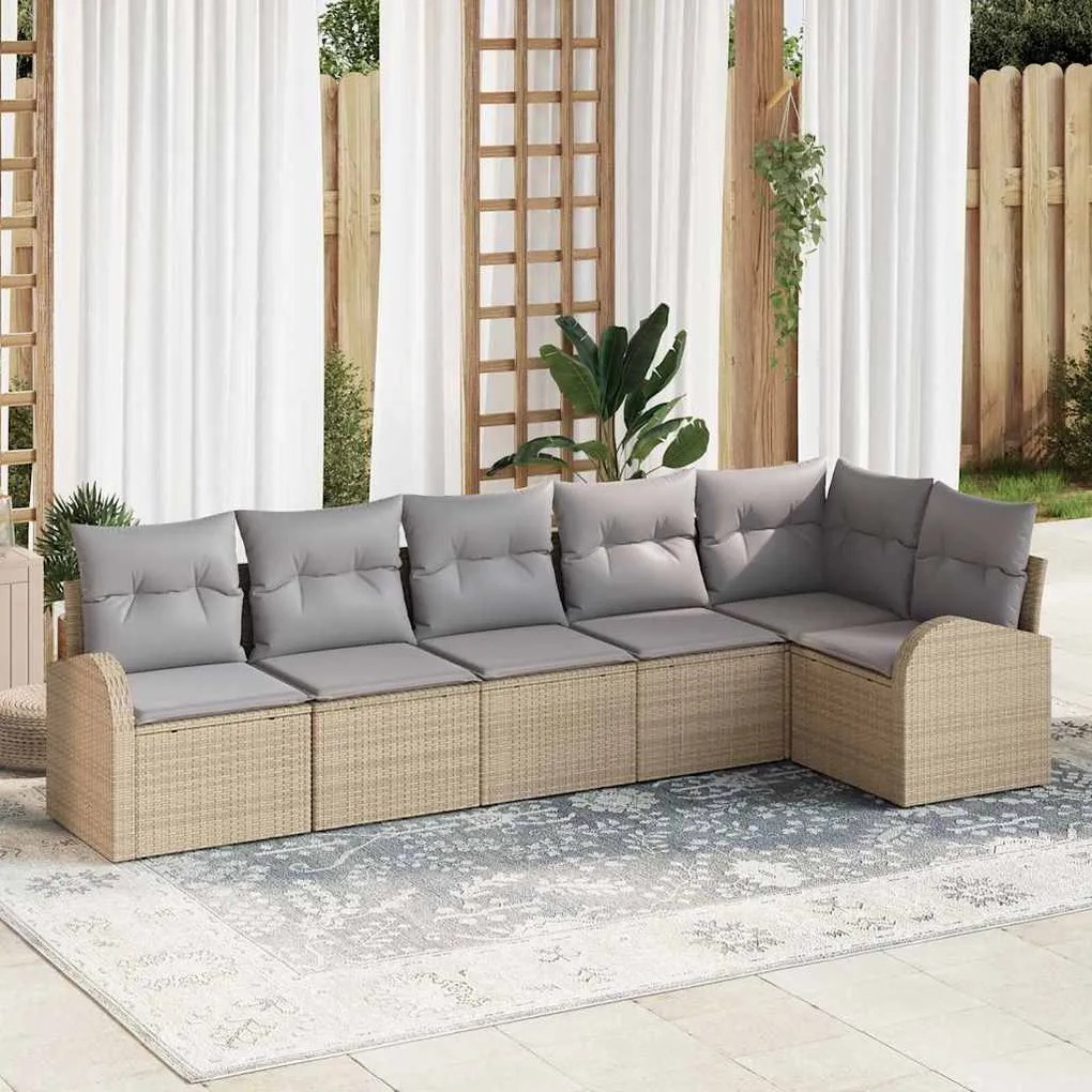 Conjunto de Sofá de Jardim com Almofadas Bege de Rattan Poliéster de 6