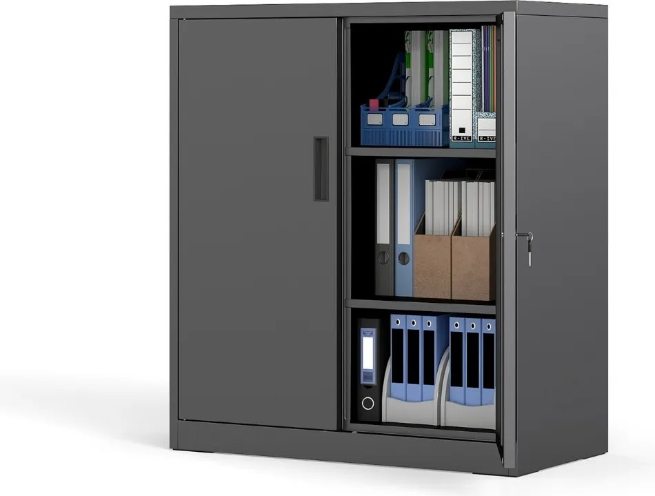 Armário de armazenamento metálico 80 x 40 x 91 cm com 2 portas com fechadura para garagem ou escritório com 2 prateleiras ajustáveis Preto